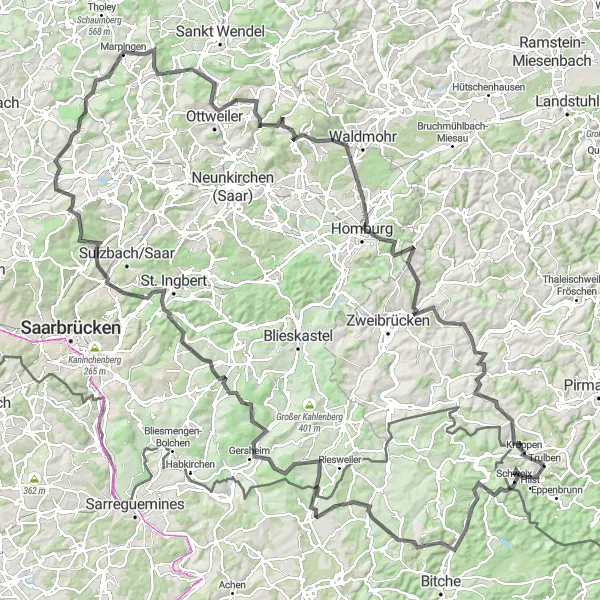 Karten-Miniaturansicht der Radinspiration "Herausfordernde Tour durch Weinhausköpfchen und Homburg" in Rheinhessen-Pfalz, Germany. Erstellt vom Tarmacs.app-Routenplaner für Radtouren