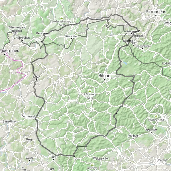 Map miniature of "Hunsrück Classic" cycling inspiration in Rheinhessen-Pfalz, Germany. Generated by Tarmacs.app cycling route planner