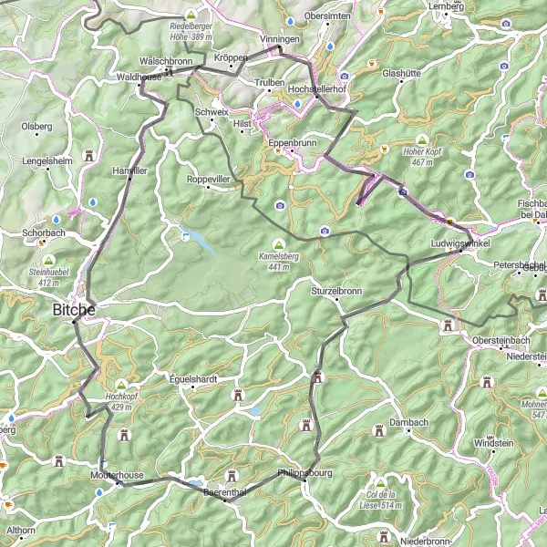 Map miniature of "Rheinhessen-Pfalz Road Cycling Route" cycling inspiration in Rheinhessen-Pfalz, Germany. Generated by Tarmacs.app cycling route planner