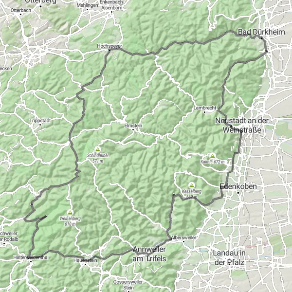 Map miniature of "Rheinhessen-Pfalz Road Cycling Adventure" cycling inspiration in Rheinhessen-Pfalz, Germany. Generated by Tarmacs.app cycling route planner