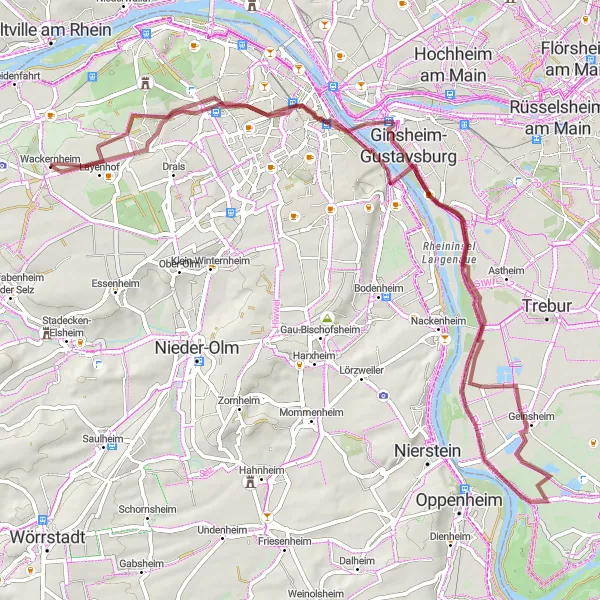 Map miniature of "Exploring Rheinhessen-Pfalz on Gravel Tracks" cycling inspiration in Rheinhessen-Pfalz, Germany. Generated by Tarmacs.app cycling route planner