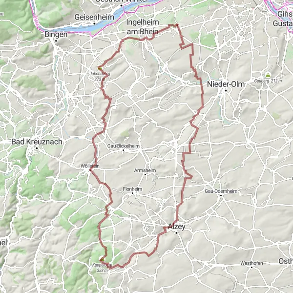 Karten-Miniaturansicht der Radinspiration "Rheinhessische Hügeltour" in Rheinhessen-Pfalz, Germany. Erstellt vom Tarmacs.app-Routenplaner für Radtouren