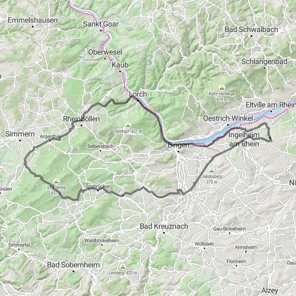 Map miniature of "Ingelheim Round-Trip" cycling inspiration in Rheinhessen-Pfalz, Germany. Generated by Tarmacs.app cycling route planner