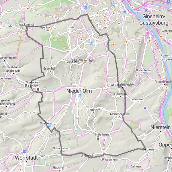 Karten-Miniaturansicht der Radinspiration "Mainzer Weinberge Radtour" in Rheinhessen-Pfalz, Germany. Erstellt vom Tarmacs.app-Routenplaner für Radtouren