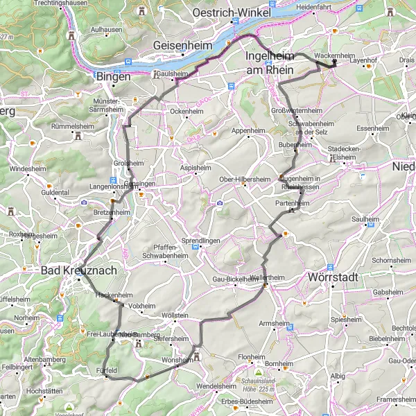 Karten-Miniaturansicht der Radinspiration "Weinberge und Aussichtstürme" in Rheinhessen-Pfalz, Germany. Erstellt vom Tarmacs.app-Routenplaner für Radtouren