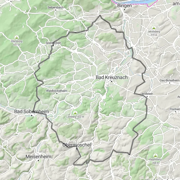 Map miniature of "The Zimmerberg Loop" cycling inspiration in Rheinhessen-Pfalz, Germany. Generated by Tarmacs.app cycling route planner