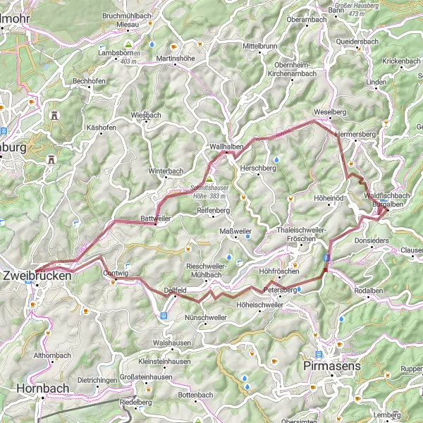Karten-Miniaturansicht der Radinspiration "Wald- und Feldwege im Pfälzer Wald" in Rheinhessen-Pfalz, Germany. Erstellt vom Tarmacs.app-Routenplaner für Radtouren
