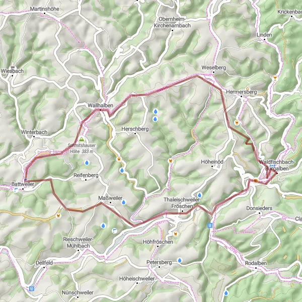 Karten-Miniaturansicht der Radinspiration "Naturschönheiten des Pfälzer Waldes" in Rheinhessen-Pfalz, Germany. Erstellt vom Tarmacs.app-Routenplaner für Radtouren