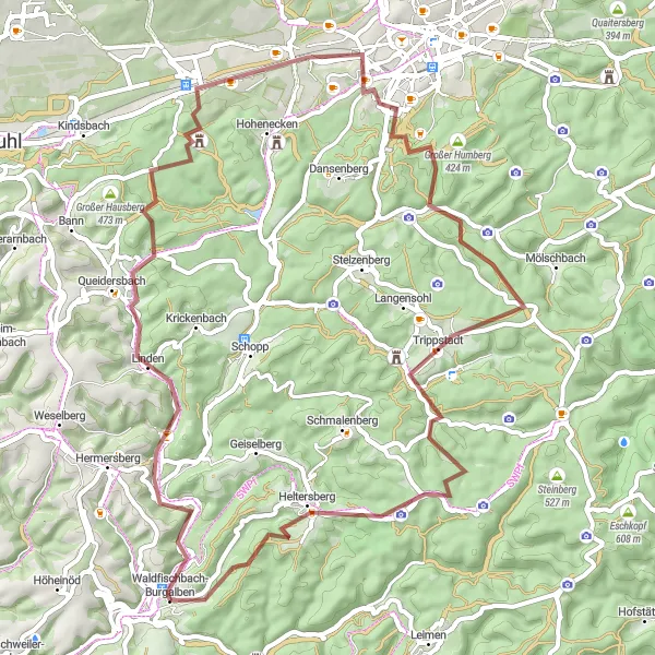 Map miniature of "Pfälzer Wald Gravel Challenge" cycling inspiration in Rheinhessen-Pfalz, Germany. Generated by Tarmacs.app cycling route planner