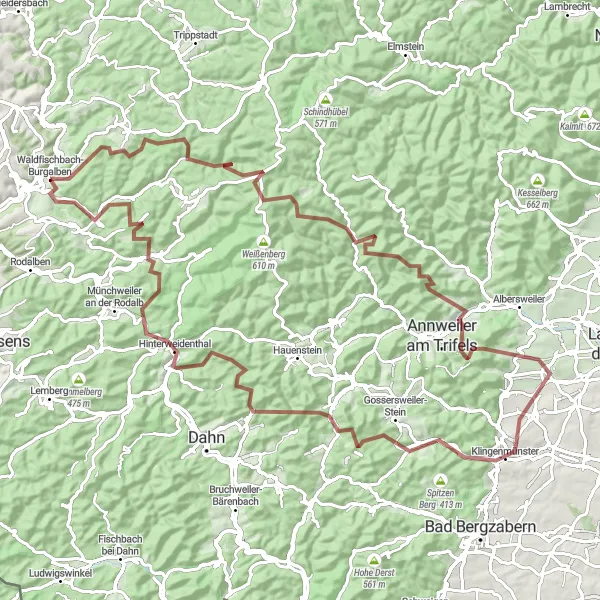 Map miniature of "The Gravel Adventure" cycling inspiration in Rheinhessen-Pfalz, Germany. Generated by Tarmacs.app cycling route planner