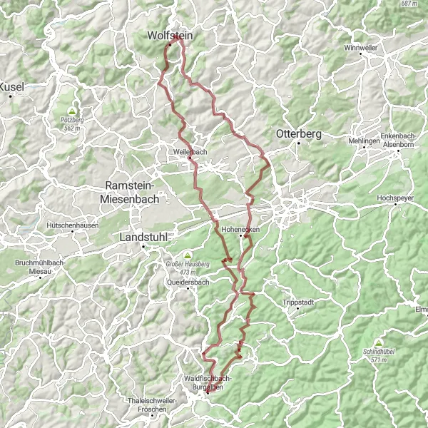 Map miniature of "Pfälzerwald Epic Gravel Challenge" cycling inspiration in Rheinhessen-Pfalz, Germany. Generated by Tarmacs.app cycling route planner