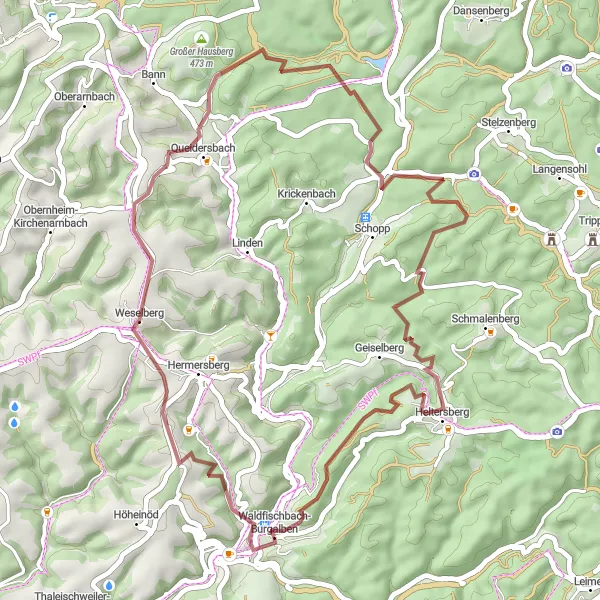 Karten-Miniaturansicht der Radinspiration "Radtour durch Weselberg und Heltersberg von Waldfischbach-Burgalben" in Rheinhessen-Pfalz, Germany. Erstellt vom Tarmacs.app-Routenplaner für Radtouren