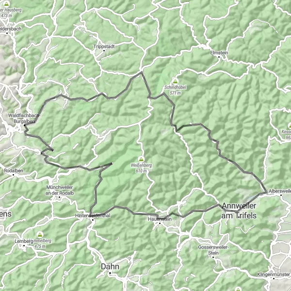 Map miniature of "The Enchanting West Palatinate Tour" cycling inspiration in Rheinhessen-Pfalz, Germany. Generated by Tarmacs.app cycling route planner