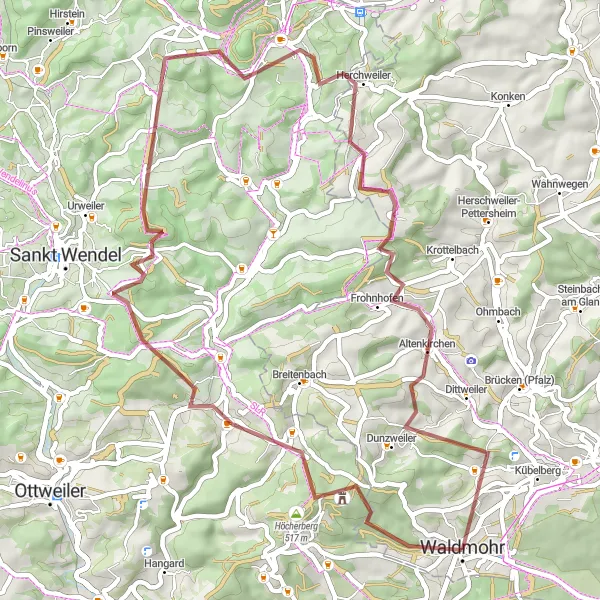 Karten-Miniaturansicht der Radinspiration "Gravel-Tour durch den Pfälzer Wald" in Rheinhessen-Pfalz, Germany. Erstellt vom Tarmacs.app-Routenplaner für Radtouren