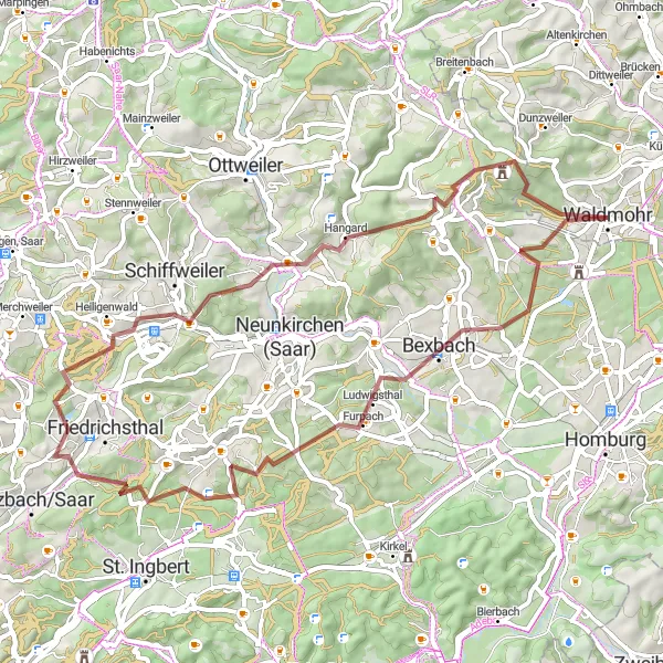 Map miniature of "Waldmohrt to Höcherberg Gravel Route" cycling inspiration in Rheinhessen-Pfalz, Germany. Generated by Tarmacs.app cycling route planner