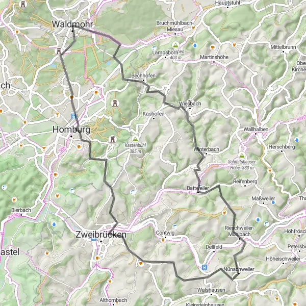 Map miniature of "Scenic Road Cycling Route with Highlights in Kehrberg, Bechhofen, and Rieschweiler-Mühlbach" cycling inspiration in Rheinhessen-Pfalz, Germany. Generated by Tarmacs.app cycling route planner