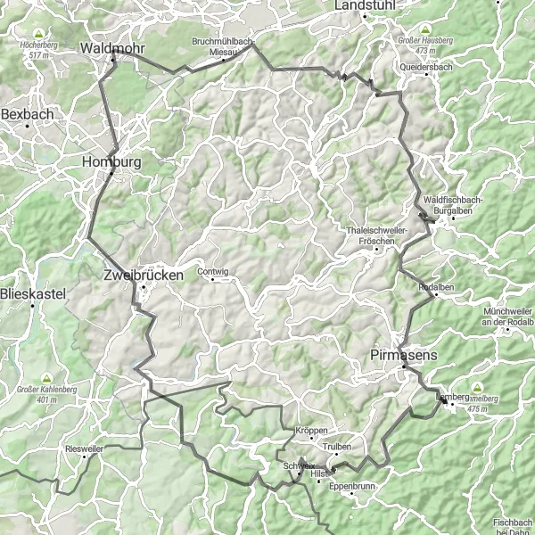 Map miniature of "Scenic Road Cycling Route with Highlights in Herrchen, Bruchmühlbach-Miesau, and Steinenschloss" cycling inspiration in Rheinhessen-Pfalz, Germany. Generated by Tarmacs.app cycling route planner