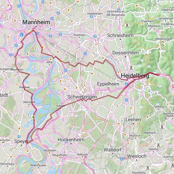 Map miniature of "Waldsee to Mannheim Gravel Adventure" cycling inspiration in Rheinhessen-Pfalz, Germany. Generated by Tarmacs.app cycling route planner