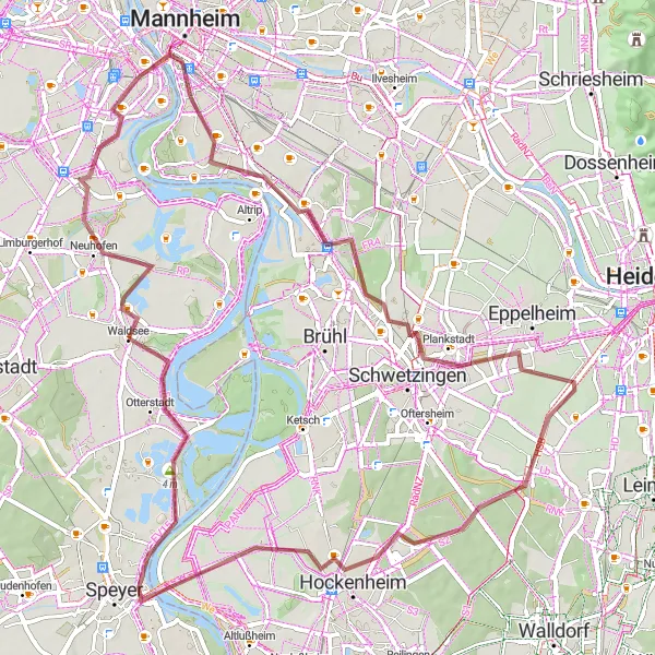 Map miniature of "Waldsee to Hockenheim Gravel Loop" cycling inspiration in Rheinhessen-Pfalz, Germany. Generated by Tarmacs.app cycling route planner