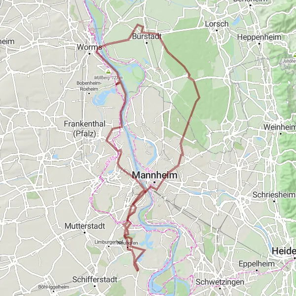 Map miniature of "Waldsee to Mannheim Gravel Loop" cycling inspiration in Rheinhessen-Pfalz, Germany. Generated by Tarmacs.app cycling route planner