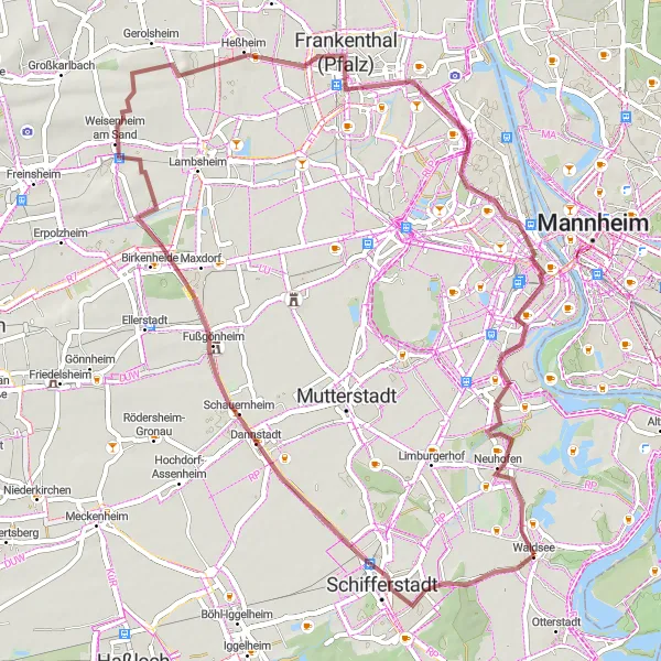 Map miniature of "Gravel Adventure through Rheinhessen-Pfalz" cycling inspiration in Rheinhessen-Pfalz, Germany. Generated by Tarmacs.app cycling route planner
