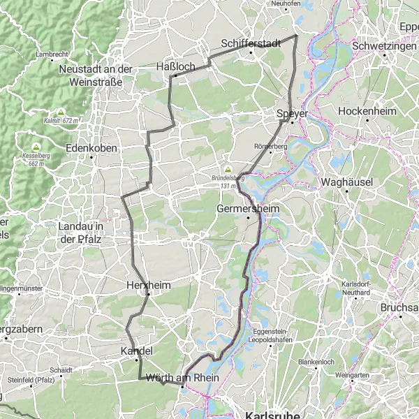 Map miniature of "Rheinbalkon Ride" cycling inspiration in Rheinhessen-Pfalz, Germany. Generated by Tarmacs.app cycling route planner