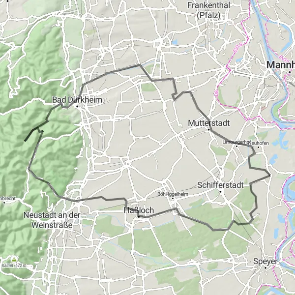 Map miniature of "Countryside Escapade" cycling inspiration in Rheinhessen-Pfalz, Germany. Generated by Tarmacs.app cycling route planner