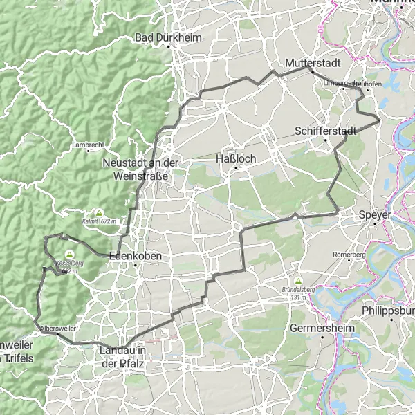 Map miniature of "Waldsee to Neuhofen Loop" cycling inspiration in Rheinhessen-Pfalz, Germany. Generated by Tarmacs.app cycling route planner