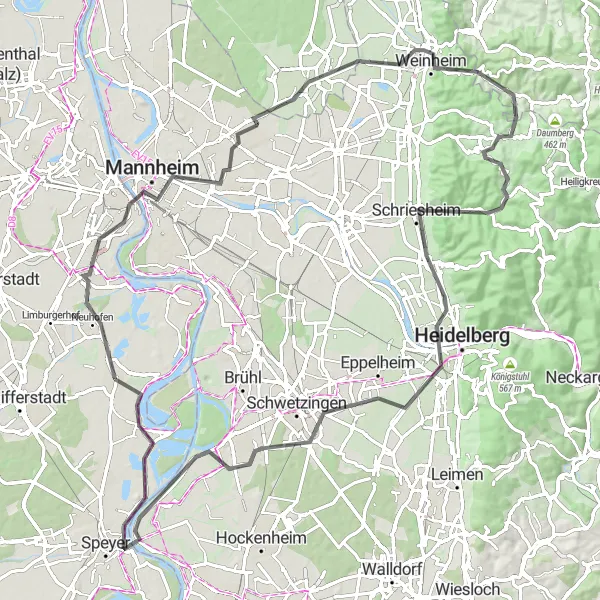 Map miniature of "Rheinhessen-Pfalz Circuit" cycling inspiration in Rheinhessen-Pfalz, Germany. Generated by Tarmacs.app cycling route planner