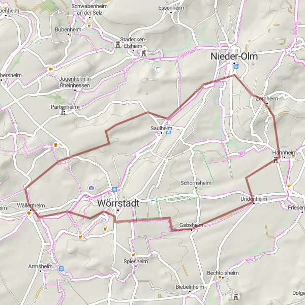 Map miniature of "Wine Trail Adventure" cycling inspiration in Rheinhessen-Pfalz, Germany. Generated by Tarmacs.app cycling route planner