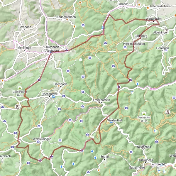 Map miniature of "The Rugged Hills and Rustic Charm" cycling inspiration in Rheinhessen-Pfalz, Germany. Generated by Tarmacs.app cycling route planner