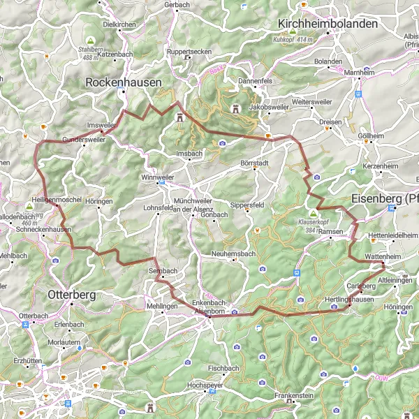 Map miniature of "Wattenheim - Hohe Bühl - Heimkirchner Berg - Weißenhof - Wattenberg" cycling inspiration in Rheinhessen-Pfalz, Germany. Generated by Tarmacs.app cycling route planner