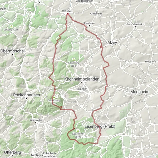 Map miniature of "The Donnersberg Gravel Adventure" cycling inspiration in Rheinhessen-Pfalz, Germany. Generated by Tarmacs.app cycling route planner