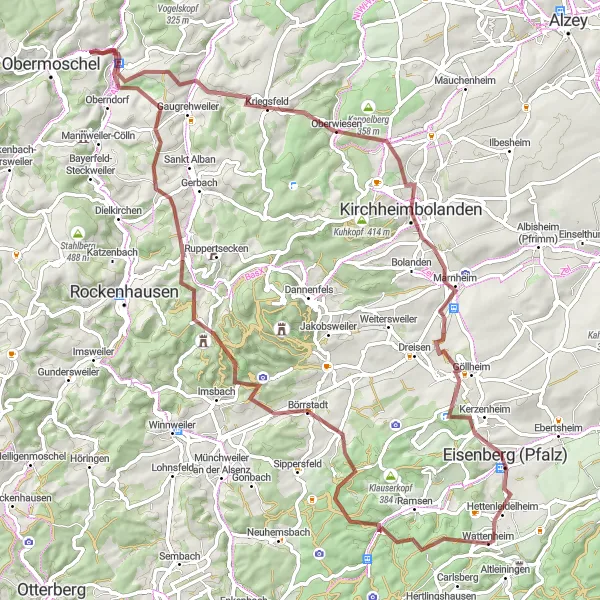 Map miniature of "Off-Road Adventure through Rheinhessen-Pfalz" cycling inspiration in Rheinhessen-Pfalz, Germany. Generated by Tarmacs.app cycling route planner