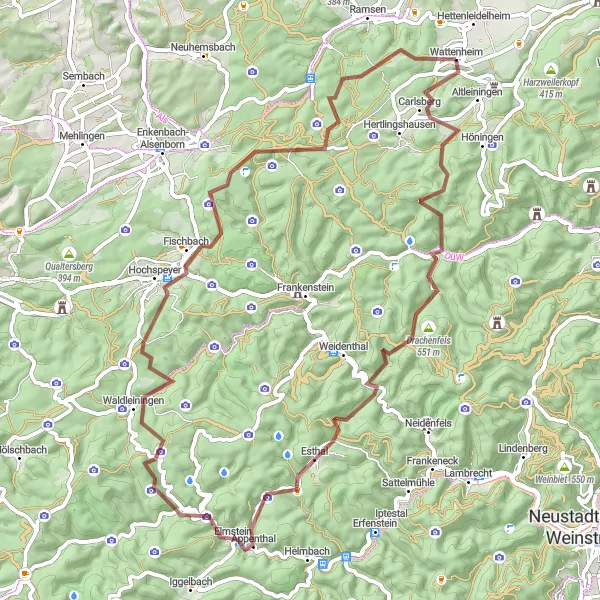 Map miniature of "Wattenheim - Carlsberg - Esthal - Hohe Bühl - Wattenheim" cycling inspiration in Rheinhessen-Pfalz, Germany. Generated by Tarmacs.app cycling route planner