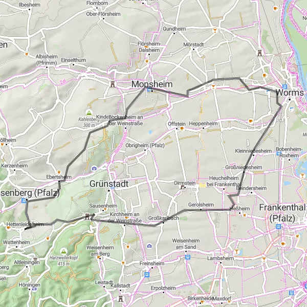 Map miniature of "Wattenheim - Monsheim - Bornheimer Berg - Dayyuperhütte - Neuleiningen - Wattenheim" cycling inspiration in Rheinhessen-Pfalz, Germany. Generated by Tarmacs.app cycling route planner