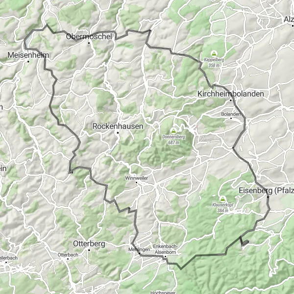Map miniature of "Wattenheim - Carlsberg - Trou de Diable - Falkenstein - Wattenheim" cycling inspiration in Rheinhessen-Pfalz, Germany. Generated by Tarmacs.app cycling route planner