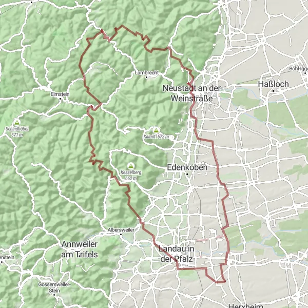 Map miniature of "The Gravel Adventure" cycling inspiration in Rheinhessen-Pfalz, Germany. Generated by Tarmacs.app cycling route planner