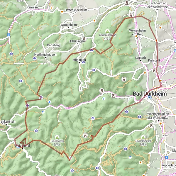 Map miniature of "Weidenthal to Hohe Kopf Gravel Loop" cycling inspiration in Rheinhessen-Pfalz, Germany. Generated by Tarmacs.app cycling route planner