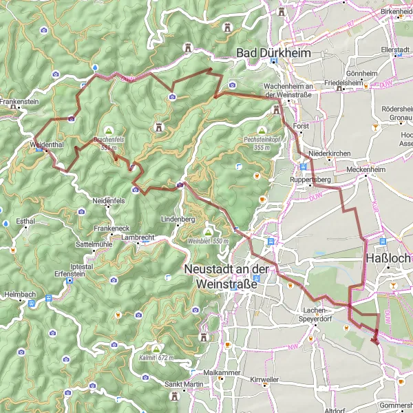 Map miniature of "Weidenthal to Deidesheim Gravel Tour" cycling inspiration in Rheinhessen-Pfalz, Germany. Generated by Tarmacs.app cycling route planner