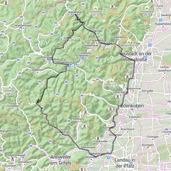 Karten-Miniaturansicht der Radinspiration "Auf den Spuren der Weinstraße" in Rheinhessen-Pfalz, Germany. Erstellt vom Tarmacs.app-Routenplaner für Radtouren