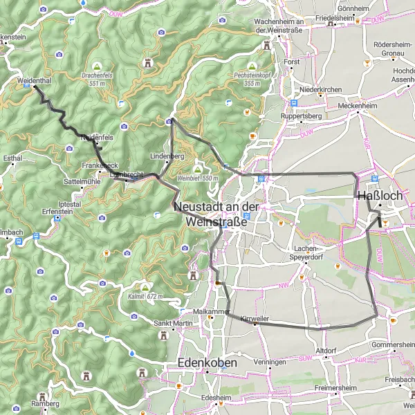 Karten-Miniaturansicht der Radinspiration "Weidenthal - Gimmeldingen" in Rheinhessen-Pfalz, Germany. Erstellt vom Tarmacs.app-Routenplaner für Radtouren