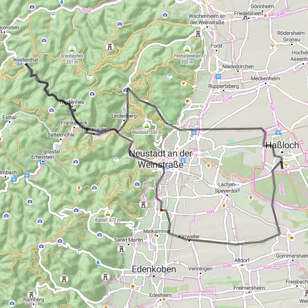 Map miniature of "Weidenthal to Frankeneck Road Adventure" cycling inspiration in Rheinhessen-Pfalz, Germany. Generated by Tarmacs.app cycling route planner