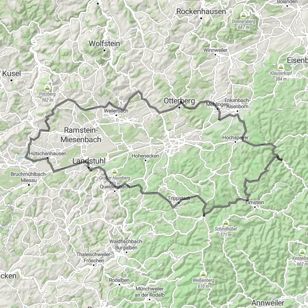 Map miniature of "Weidenthal to Dreispitz Road Challenge" cycling inspiration in Rheinhessen-Pfalz, Germany. Generated by Tarmacs.app cycling route planner