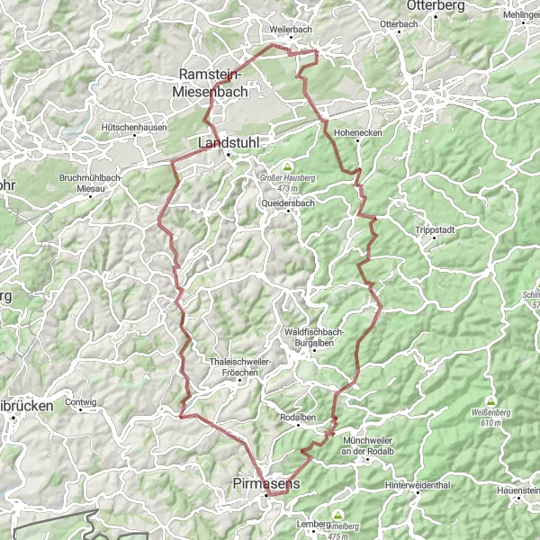 Karten-Miniaturansicht der Radinspiration "Rodenbach-Pirmasens Rundtour" in Rheinhessen-Pfalz, Germany. Erstellt vom Tarmacs.app-Routenplaner für Radtouren