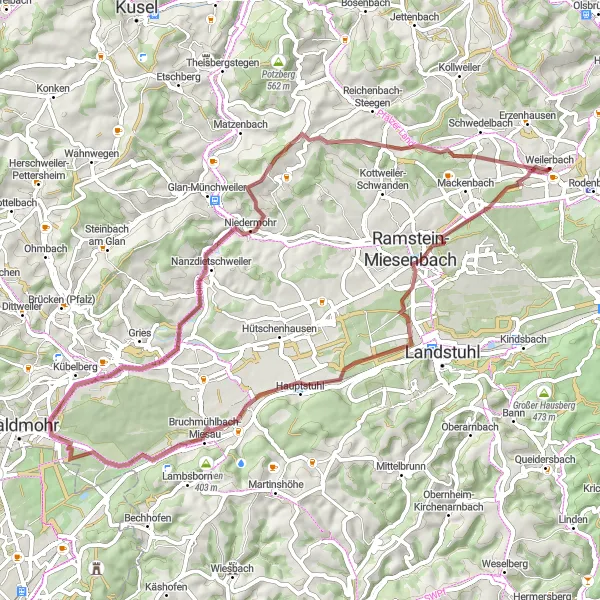 Karten-Miniaturansicht der Radinspiration "Gravelabenteuer rund um Weilerbach" in Rheinhessen-Pfalz, Germany. Erstellt vom Tarmacs.app-Routenplaner für Radtouren