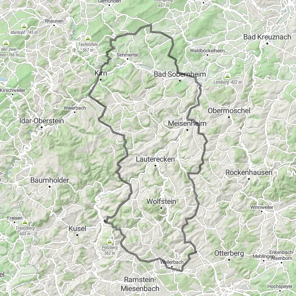 Map miniature of "The Rheinhessen Trail" cycling inspiration in Rheinhessen-Pfalz, Germany. Generated by Tarmacs.app cycling route planner