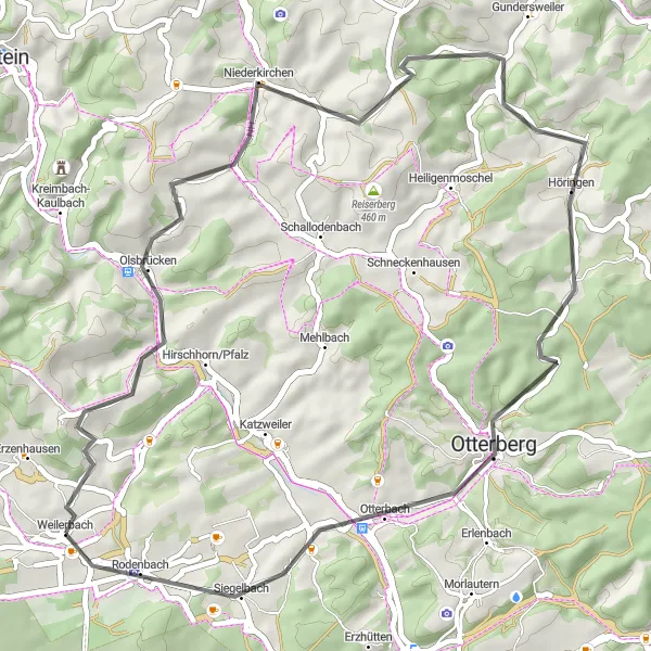 Karten-Miniaturansicht der Radinspiration "Eulenkopf-Otterberg Tour" in Rheinhessen-Pfalz, Germany. Erstellt vom Tarmacs.app-Routenplaner für Radtouren