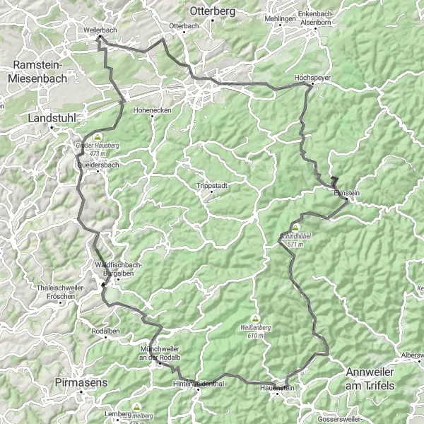 Map miniature of "The Rhinevalley Loop" cycling inspiration in Rheinhessen-Pfalz, Germany. Generated by Tarmacs.app cycling route planner