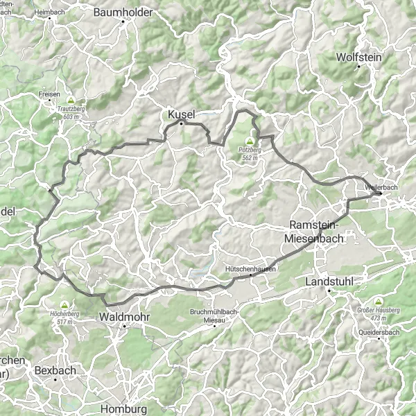 Map miniature of "Panoramic Road Cycling - Weilerbach to Schwedelbach" cycling inspiration in Rheinhessen-Pfalz, Germany. Generated by Tarmacs.app cycling route planner